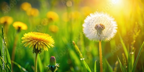 Close-up of plantain and yellow dandelion in a meadow, top view on a sunny day , plantain, yellow dandelion, meadow