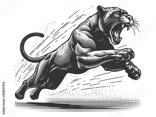 Jumping running panther, emphasizing its muscular build and agility. Tattoo design sketch engraving generative ai vector illustration. Scratch board imitation. Black and white image.