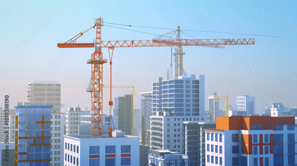 Modern city skyline with construction cranes towering over buildings, showcasing urban development and architectural progress. scene reflects vibrant and dynamic atmosphere Modern city skyline with construction cranes towering over buildings, showcasing urban development and architectural progress. scene reflects vibrant and dynamic atmosphere