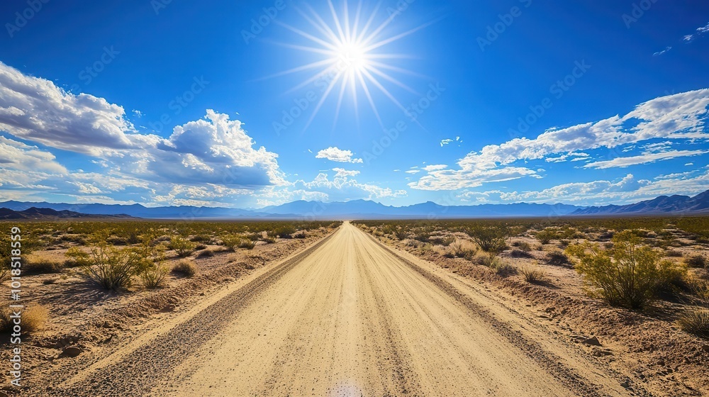 Naklejka premium vast sandy desert landscape showcasing a hot, dusty road path under a bright sun, evoking a sense of adventure and exploration in the sweeping arizona wilderness
