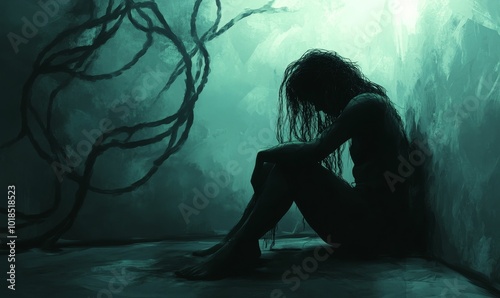 A woman sits in a shadowy, dark room.