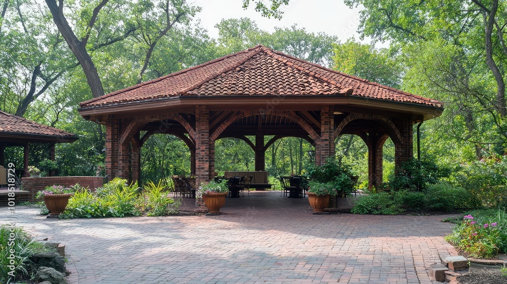 Charming gazebo surrounded by lush greenery and decorative pots, perfect for outdoor gatherings or peaceful relaxation. Charming gazebo surrounded by lush greenery and decorative pots, perfect for outdoor gatherings or peaceful relaxation.