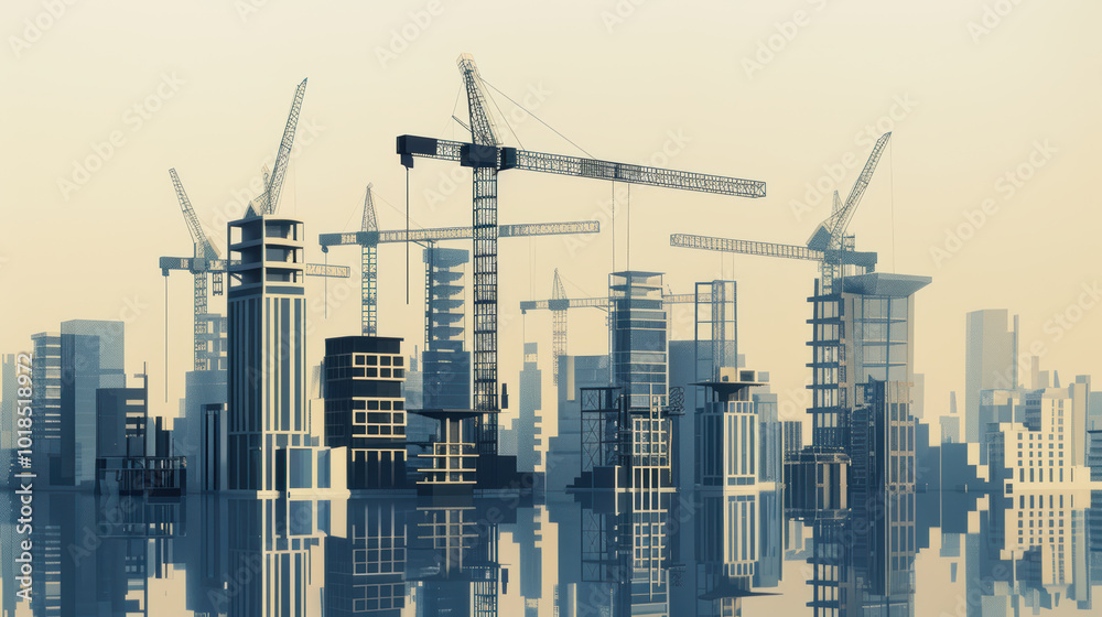 Fototapeta premium Modern construction site with cranes and buildings under development, showcasing urban growth and architectural progress. scene reflects dynamic skyline and industrial activity