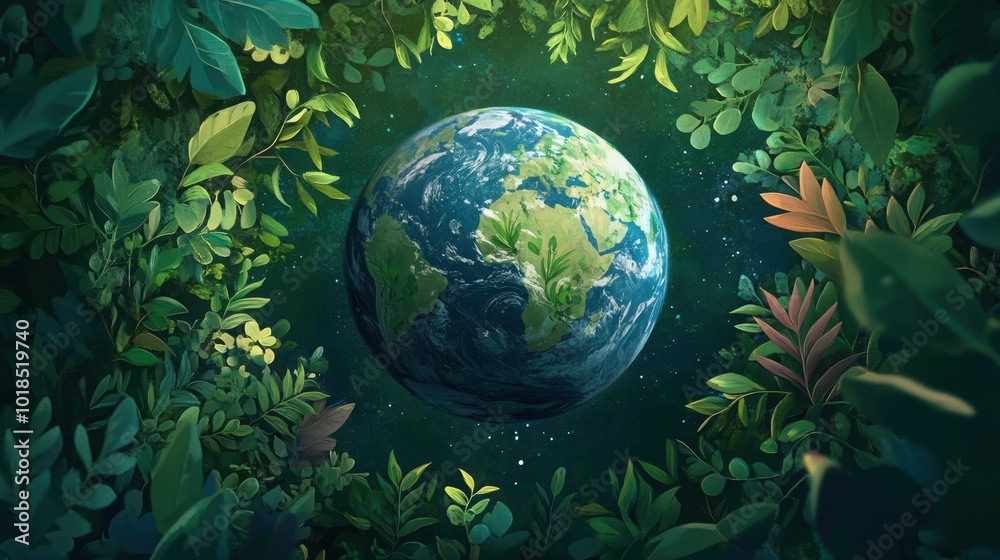 A flourishing depiction of Earth surrounded by greenery and thriving forests, showcasing environmental conservation and sustainability. A flourishing depiction of Earth surrounded by greenery and thriving forests, showcasing environmental conservation and sustainability.