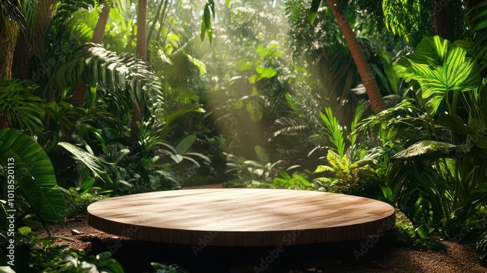 wooden podium set in a lush tropical forest, surrounded by vibrant green foliage. the natural light peeks through the trees, creating a warm and inviting space for a product showcase