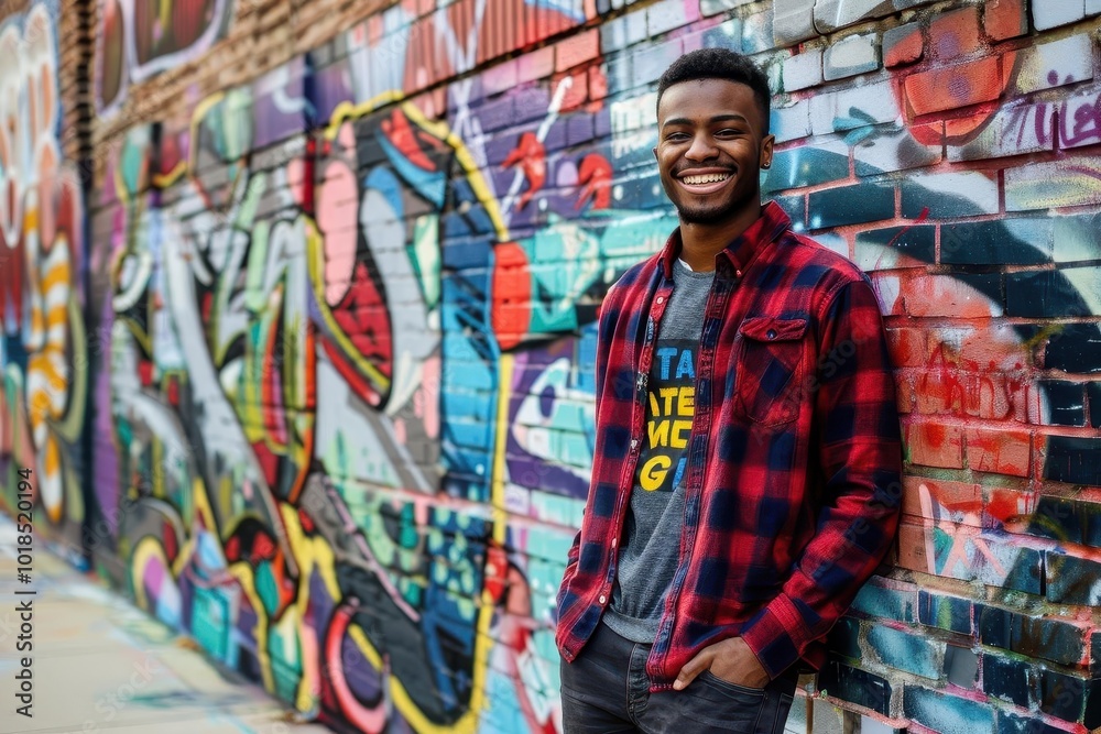 young black street artist in urban setting, leaning confidently against a graffiti-covered wall, warm smile lighting up his face, surrounded by vibrant street art and city atmosphere young black street artist in urban setting, leaning confidently against a graffiti-covered wall, warm smile lighting up his face, surrounded by vibrant street art and city atmosphere