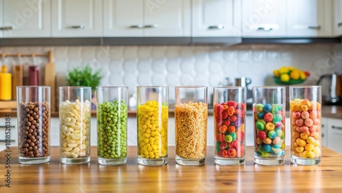 Stylish glasses of colorful cereal arranged neatly in a modern kitchen, stylish, glasses, cereal, breakfast, kitchen, colorful