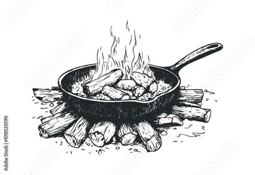 Cooking over an open fire in a cast iron skillet. Vector retro hand drawn illustration.