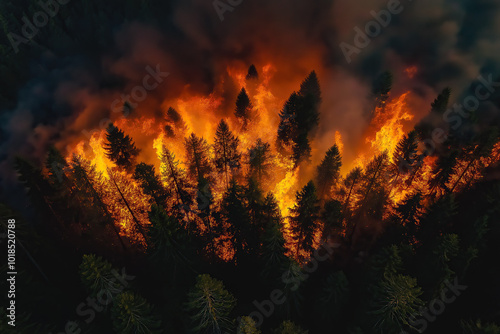 landscape on fire, burning forest in the evening, tall trees engulfed in tall flames, fiery, sky darkened by smoke, drone view, photorealistic