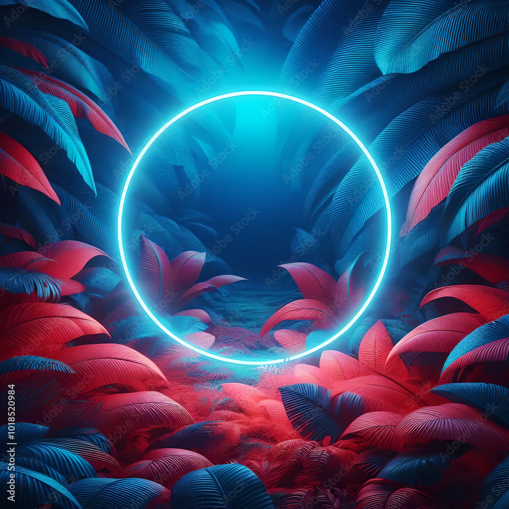 Obraz premium Circle made of blus neon light on orange jungle leaves background