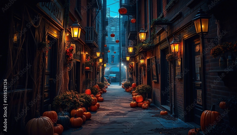 Naklejka premium Halloween Night, Spooky Street, Autumn Scene