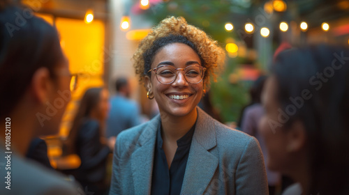 A smiling woman in a blazer, glasses, and curly hair converses with friends.