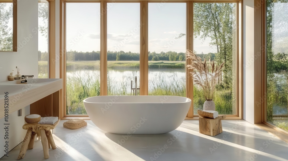 zen bathroom retreat minimalist white space, freestanding tub, natural wood accents, large window with nature view, soft light zen bathroom retreat minimalist white space, freestanding tub, natural wood accents, large window with nature view, soft light