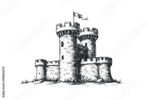 Drawing of a majestic castle with towers and flags. Vector retro hand drawn illustration.