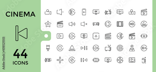 Set of cinema-related icons set of film industry. The icon collection for web and ui design, cinema advertising and movie, Editable stroke, pixel perfect Vector illustration.