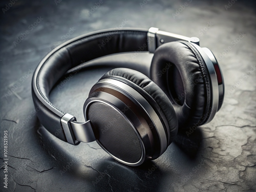 A worn black headphone with silver accents rests on minimalist surface, subtle glare illuminating dust and scratches on its weathered surface. A worn black headphone with silver accents rests on minimalist surface, subtle glare illuminating dust and scratches on its weathered surface.