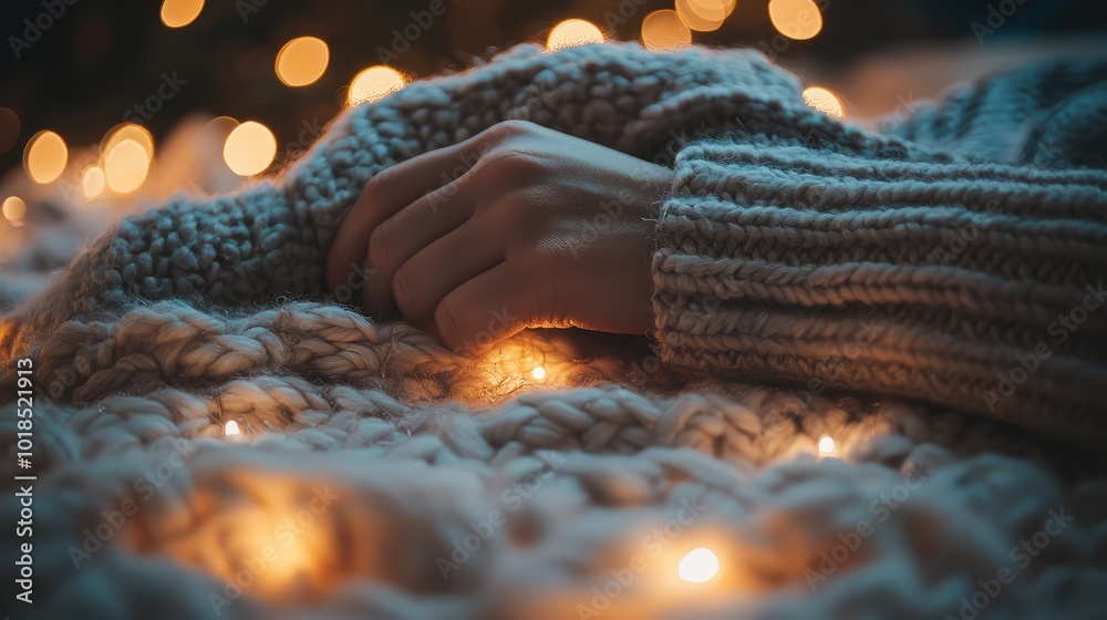 Cozy hand wrapped in a knitted sweater, resting on a blanket with warm fairy lights, perfect for winter comfort and relaxation.