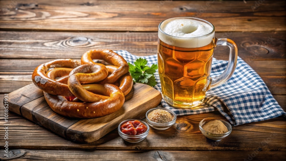 A Rustic Wooden Table Setting with a Frothy Beer, Soft Pretzels, and Savory Dips A Rustic Wooden Table Setting with a Frothy Beer, Soft Pretzels, and Savory Dips