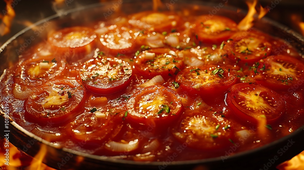 a simmering sauce in a pan, with vibrant tomatoes, onions, and garlic, surrounded by fresh herbs, capturing rich colors and textures a simmering sauce in a pan, with vibrant tomatoes, onions, and garlic, surrounded by fresh herbs, capturing rich colors and textures