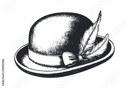 Feathered bowler hat, white backdrop. Vector retro hand drawn illustration.