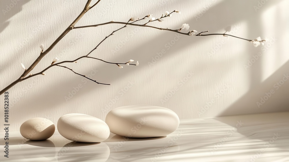 zen-inspired product display with smooth river stones, delicate branch, and neutral-toned backdrop, soft shadows enhancing texture zen-inspired product display with smooth river stones, delicate branch, and neutral-toned backdrop, soft shadows enhancing texture