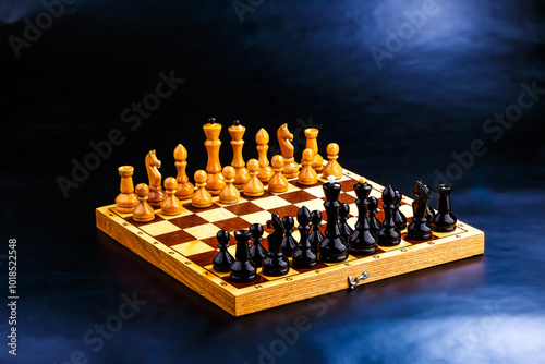 Wooden chess pieces on the chessboard. Intellectual game -chess. Chess pieces on the Board. A game of chess.