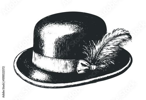 Feathered vintage bowler hat on display. Vector retro hand drawn illustration.