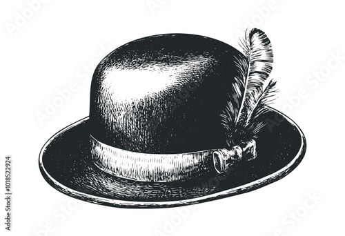 Classic bowler hat with decorative feather detail. Vector retro hand drawn illustration.