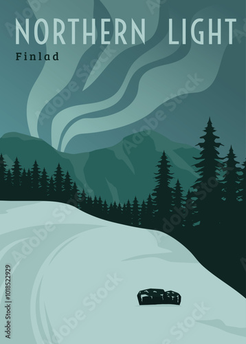 view of mountains and northern lights in finland, landscape poster illustration design