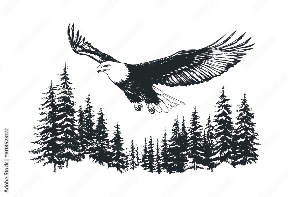 Fototapeta premium Eagle soaring over a stunning landscape. Vector retro hand drawn illustration.