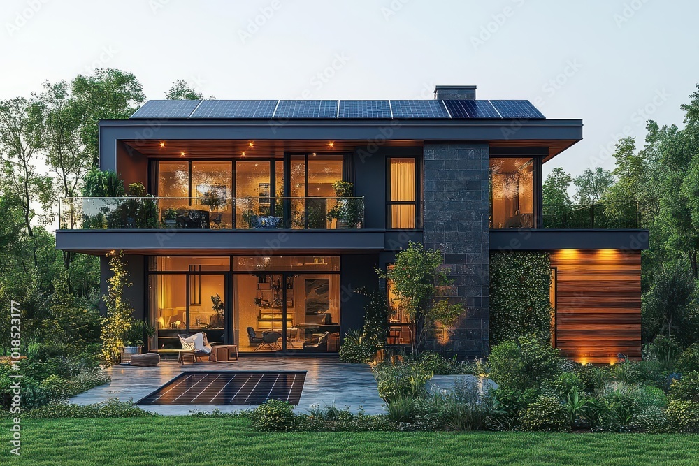 joyful couple standing together in front of their modern home adorned with solar panels the scene radiates happiness sustainability and a bright future surrounded by green landscaping joyful couple standing together in front of their modern home adorned with solar panels the scene radiates happiness sustainability and a bright future surrounded by green landscaping