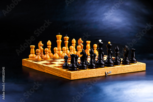 Wooden chess pieces on the chessboard. Intellectual game -chess. Chess pieces on the Board. A game of chess.
