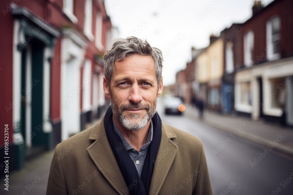 Handsome middle-aged man with a gray beard wearing a coat and posing in an urban context Handsome middle-aged man with a gray beard wearing a coat and posing in an urban context