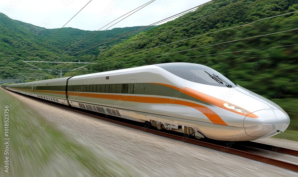 Fototapeta premium An abstract futuristic design featuring a bullet train or super high-speed maglev capsule equipped with an autonomous driving system, enabling rapid transportation and autonomous concepts. This AI-ge