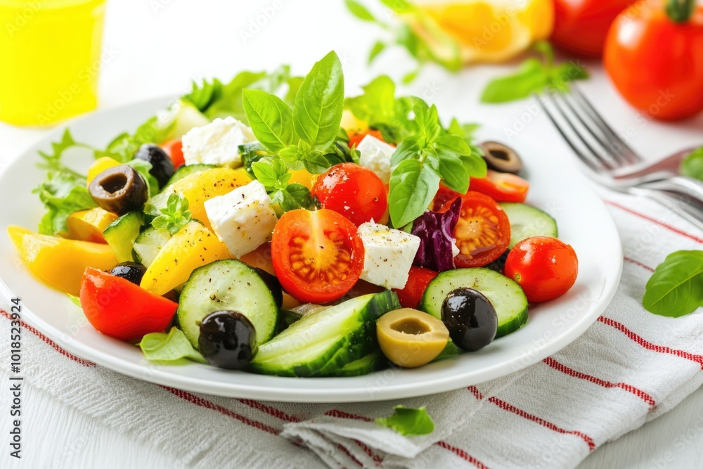 A vibrant salad mixes cherry tomatoes, cucumbers, olives, and feta for a tasty treat A vibrant salad mixes cherry tomatoes, cucumbers, olives, and feta for a tasty treat