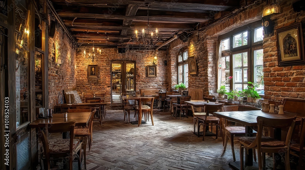 Cozy restaurant interior featuring rustic wooden tables, warm lighting, and charming brick walls, perfect for intimate gatherings. Cozy restaurant interior featuring rustic wooden tables, warm lighting, and charming brick walls, perfect for intimate gatherings.