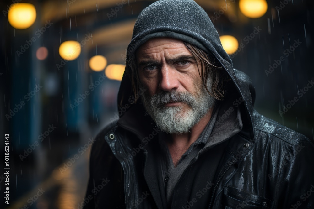 Portrait of an old man with a gray beard and mustache in a black leather jacket on a city street under the rain. Portrait of an old man with a gray beard and mustache in a black leather jacket on a city street under the rain.