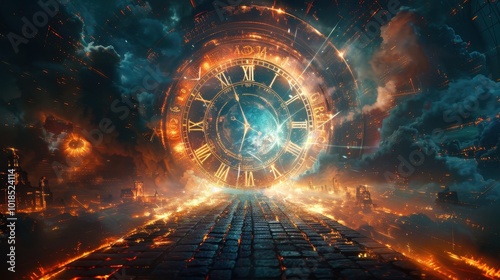 Produce a 3D effect movie poster for a time-travel adventure, with elements from different eras overlapping