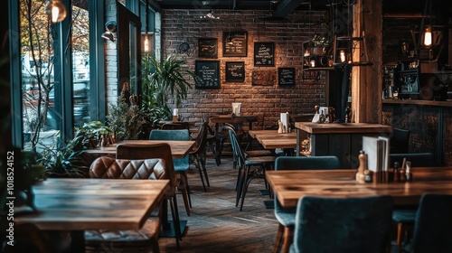 Cozy restaurant interior with wooden tables, plants, and stylish decor, perfect for dining and socializing.