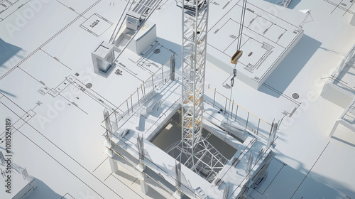 construction site featuring crane and blueprints, showcasing intricate planning and structure of building project. scene reflects precision and complexity of modern architecture