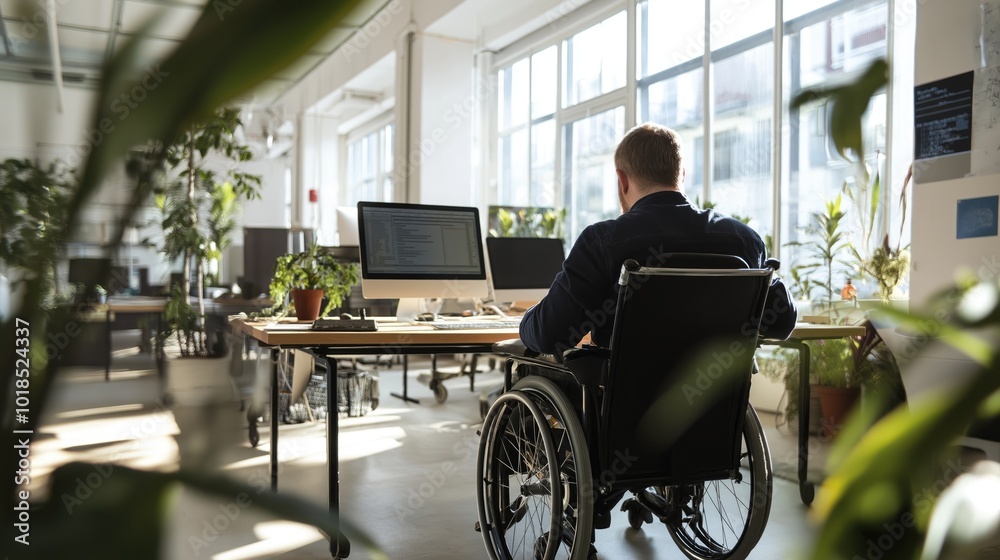 Fototapeta premium A man in a wheelchair optimistically works at his desk in a contemporary office space