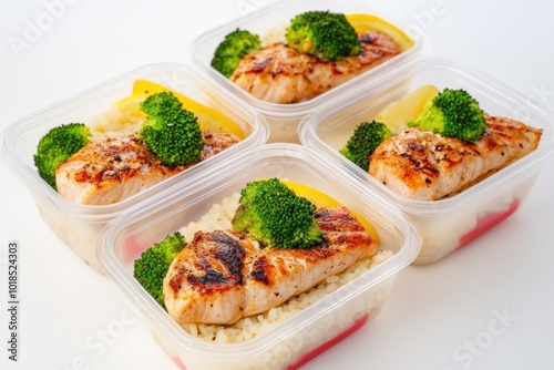 Colorful meal containers filled with grilled salmon and broccoli promote healthy eating habits