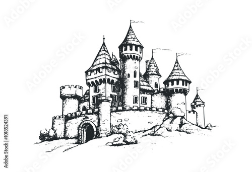 Medieval castle with towers and flags. Vector retro hand drawn illustration.