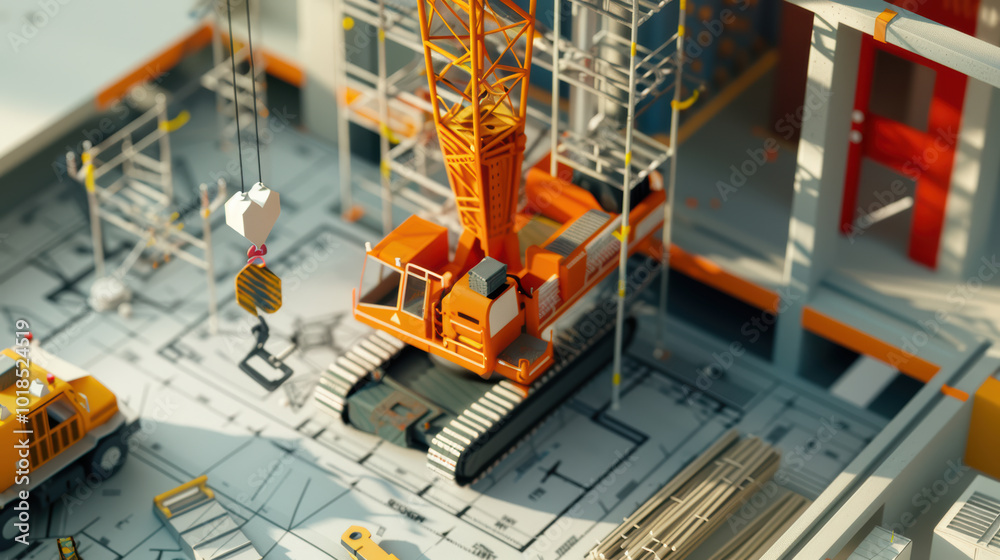 detailed construction site scene featuring vibrant orange crane, surrounded by scaffolding and construction materials, showcasing dynamic environment of building detailed construction site scene featuring vibrant orange crane, surrounded by scaffolding and construction materials, showcasing dynamic environment of building