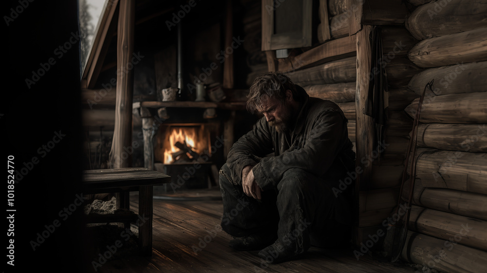 A man with a tired expression is sitting in a wooden room, a fireplace is burning nearby, creating an atmosphere of comfort and reflection on a winter evening. A man with a tired expression is sitting in a wooden room, a fireplace is burning nearby, creating an atmosphere of comfort and reflection on a winter evening.
