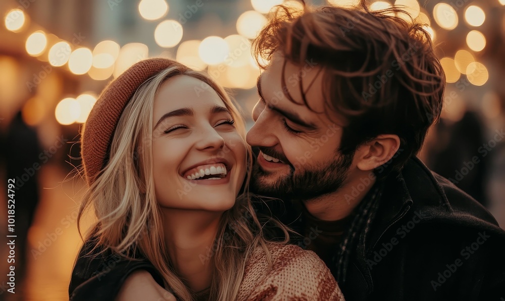 A couple in love laughing with lights in the background. A couple in love laughing with lights in the background.