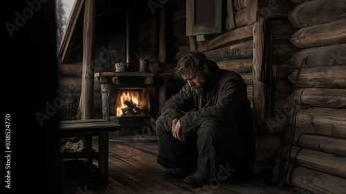  A man with a tired expression is sitting in a wooden room, a fireplace is burning nearby, creating an atmosphere of comfort and reflection on a winter evening.