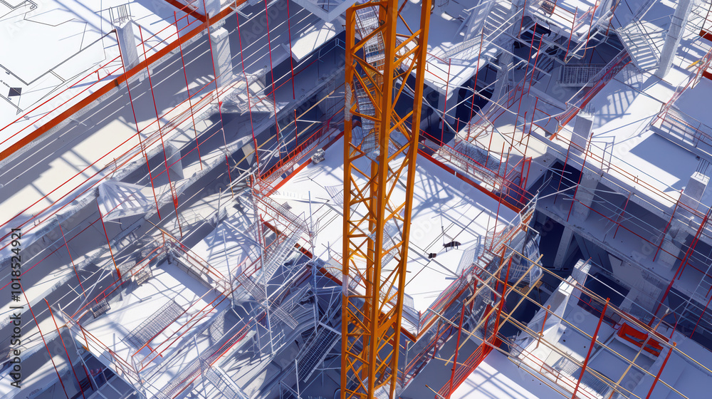 Construction site with scaffolding and crane, showcasing complex structure and intricate design. vibrant orange crane contrasts with surrounding framework, highlighting ongoing development Construction site with scaffolding and crane, showcasing complex structure and intricate design. vibrant orange crane contrasts with surrounding framework, highlighting ongoing development