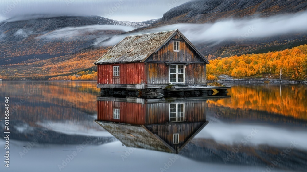 Fototapeta premium Cabin Reflection on a Calm Autumn Lake