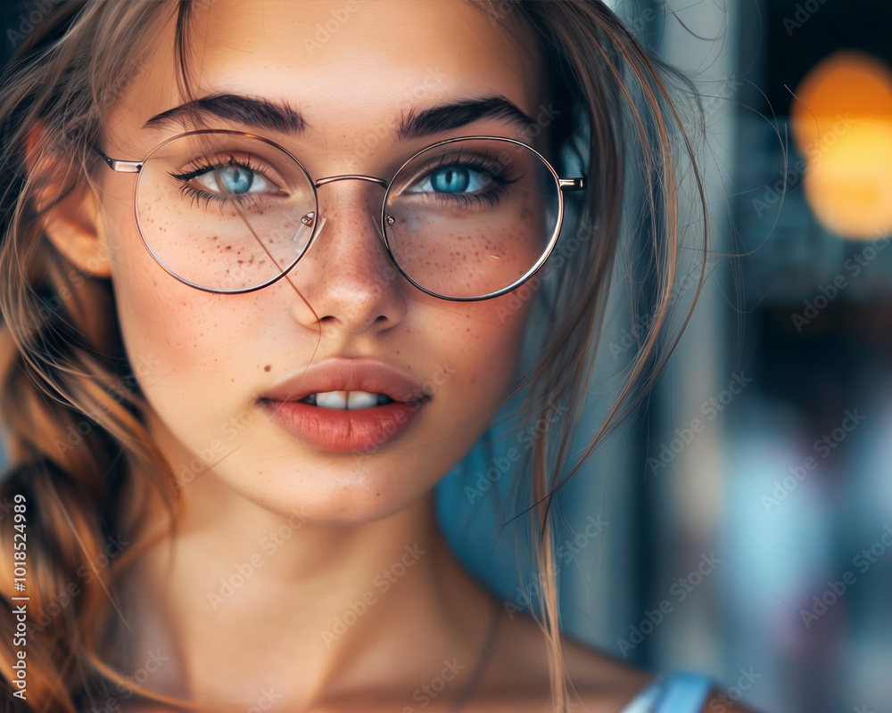 Stylish Close-Up Portrait of Young Woman with Round Glasses and Freckles - Lifestyle and Fashion Photography Stylish Close-Up Portrait of Young Woman with Round Glasses and Freckles - Lifestyle and Fashion Photography